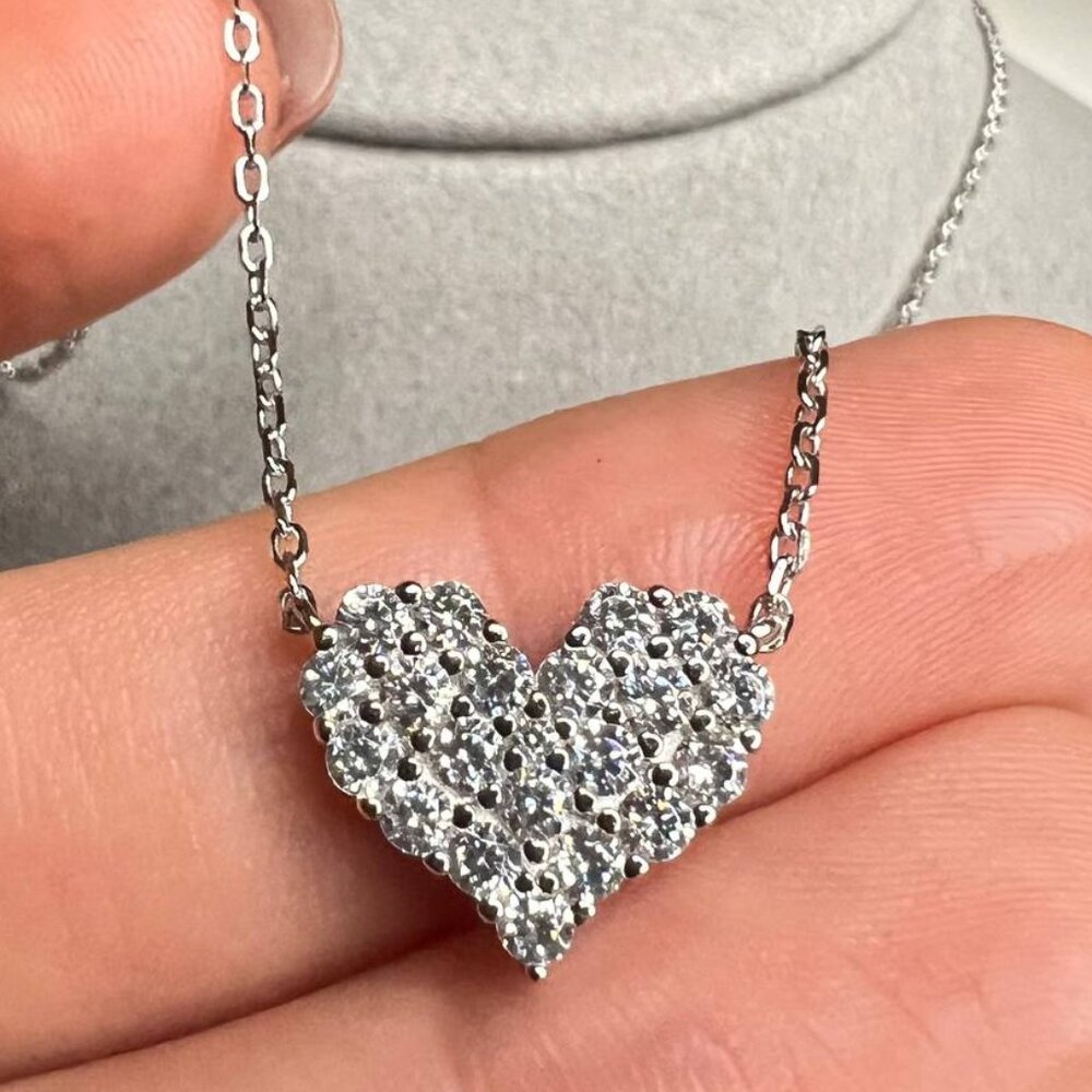 Sterling Silver and Pave Crystal Heart Shaped Pendant Necklace Gift for Women